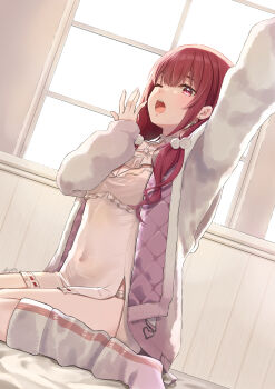 1girl absurdres arm_up blush breasts cleavage commentary_request dress frilled_dress frills fur_jacket hair_ornament highres hololive houshou_marine indoors jacket k-ya. kneehighs long_hair long_sleeves looking_at_viewer medium_breasts one_eye_closed open_clothes open_jacket open_mouth panties panty_peek pink_eyes pom_pom_(clothes) pom_pom_hair_ornament red_hair ribbon-trimmed_dress ribbon_trim sitting socks solo teeth underwear upper_teeth_only wariza white_dress white_jacket white_panties white_socks window