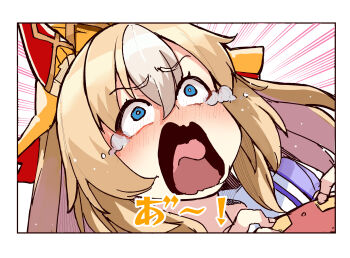 1girl animal_ears blonde_hair blue_eyes controller crying crying_aqua_(meme) crying_with_eyes_open durandal_(umamusume) emphasis_lines game_controller hidori_(hibi_toridori) highres holding holding_controller holding_game_controller horse_ears horse_girl long_hair meme multicolored_hair pakatube parody screaming solo tears umamusume white_hair