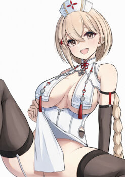 1girl bare_shoulders black_thighhighs blonde_hair blush braid breast_curtain breasts detached_sleeves dress garter_straps girls&#039;_frontline hat highres large_breasts long_hair looking_at_viewer no_panties nurse nurse_cap open_mouth qiuhua_(girls&#039;_frontline_2) revealing_clothes simple_background sleeveless sleeveless_dress smile solo spread_legs tabii tassel thighhighs type_97_shotgun_(girls&#039;_frontline) underboob white_background white_dress yellow_eyes