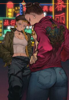 2girls ass blonde_hair blue_eyes braid breasts brown_eyes brown_hair cammy_white capcom chun-li denim expressionless green_jacket hands_in_pockets highres jacket jeans looking_at_viewer looking_back morry multiple_girls neon_lights open_clothes open_jacket pants scar scar_on_face street_fighter twin_braids