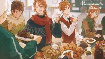 1girl 5boys absurdres axis_powers_hetalia blonde_hair brown_hair closed_eyes commentary english_commentary facial_hair flower food france_(hetalia) goatee_stubble green_eyes hair_flower hair_ornament highres holding holding_food holding_spoon hungary_(hetalia) long_hair long_sleeves loudun_ff medium_hair multiple_boys necktie open_mouth party ponytail prussia_(hetalia) scarf shirt short_hair smile spain_(hetalia) spoon stubble sweater sweater_vest thick_eyebrows united_kingdom_(hetalia) white_hair