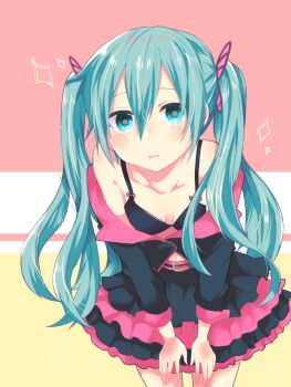 1girl aoi_choko_(aoichoco) aqua_eyes aqua_hair bare_shoulders belt bikini bikini_top_only blush breasts butterfly_hair_ornament cleavage collarbone female_focus hair_ornament hatsune_miku highres leaning_forward long_hair monaco0704 off_shoulder skirt small_breasts solo swimsuit twintails vocaloid
