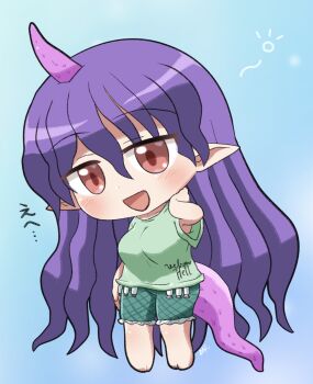 1girl :d barefoot blush breasts chibi chibi_only clothes_writing commentary_request frilled_shorts frills full_body green_shirt green_shorts hair_between_eyes highres horns long_hair open_mouth plaid_clothes plaid_shorts pointy_ears purple_hair purple_horns red_eyes rokugou_daisuke shirt short_sleeves shorts signature single_horn smile solo standing t-shirt tail tenkajin_chiyari test_tube touhou very_long_hair