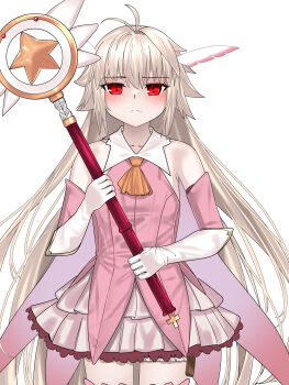 1girl absurdres antenna_hair arcueid_brunestud ascot bare_shoulders blonde_hair blue_notuki blush boots commentary_request cosplay detached_sleeves dress eco-arc elbow_gloves facing_viewer fate/kaleid_liner_prisma_illya fate_(series) feather_hair_ornament feathers flustered gloves hair_intakes hair_ornament highres holding holding_wand illyasviel_von_einzbern illyasviel_von_einzbern_(milk_fairy) kaleidostick layered_gloves long_hair looking_at_viewer magical_girl magical_ruby pink_dress prisma_illya prisma_illya_(cosplay) red_eyes skirt sleeveless sleeveless_dress solo thigh_boots tsukihime tsukihime_(remake) wand