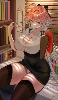 1girl absurdres ahoge black_bow black_skirt black_thighhighs bookshelf bow breasts button_gap changli_(wuthering_waves) chromatic_aberration collarbone colored_extremities commentary glasses hair_bow hair_intakes highres holding holding_removed_eyewear indoors large_breasts long_hair looking_at_viewer multicolored_hair panties pink_hair red_hands revision skirt smu_(xhsg8274) solo thighhighs thighs two-tone_hair underwear unworn_eyewear white_hair white_panties wuthering_waves yellow_eyes