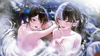 2girls asymmetrical_horns black_flower black_hair black_horns black_nails blue_hair blue_nails blush breasts bubble bucket colored_inner_hair demon_horns fingernails flower grey_hair hand_on_own_chest highres hololive hololive_english horn_flower horns large_breasts looking_at_another mole mole_under_eye multicolored_hair multiple_girls nail_polish nerissa_ravencroft onsen open_mouth red_eyes shiori_novella smile split-color_hair steam towel two-tone_hair uneven_horns virtual_youtuber water water_drop wet wooden_bucket yellow_eyes yomosaka