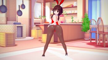 1girl 3d absurdres animal_ears ass brown_hair fake_animal_ears female_focus highres huge_ass kitchen kono_subarashii_sekai_ni_shukufuku_wo! looking_at_viewer megumin playboy_bunny rabbit_ears rabbit_tail red_eyes short_hair short_hair_with_long_locks sodevs solo tail thick_thighs thighs wide_hips wrist_cuffs