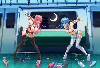 2girls absurdres aftersex arms_behind_back arms_tied_behind bdsm black_thighhighs blue_eyes blue_hair blush bondage bound bound_ankles bound_arms bound_wrists breasts breasts_out chikan commission crotch_rope empty_eyes eudetenis female_focus gag gagged highres hololive hololive_english hoshimachi_suisei improvised_gag large_breasts long_hair medium_breasts molestation moon mori_calliope multiple_girls night nipples no_shoes panties pink_eyes pink_hair restrained rope second-party_source shibari shoes spreader_bar standing standing_with_legs_apart strappado thighhighs train_interior underwear unworn_clothes unworn_shoes vehicle_interior virtual_youtuber white_thighhighs wrists_tied_together