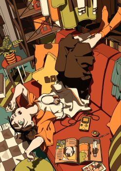 1girl black_hair black_pants blue_eyes couch cushion earrings gaako_illust handheld_game_console headphones highres indoors jewelry lying magazine_(object) open_mouth orange_socks original pants pillow plant potted_plant rug shelf shirt sideways_glance socks solo