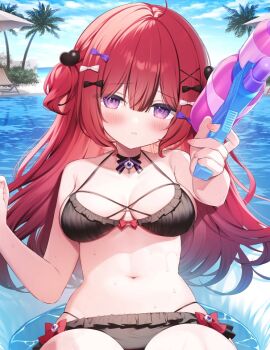 1girl ahoge bikini black_bikini black_bow black_choker blue_bow blush bow bow_bikini bowtie breasts choker closed_mouth commentary_request day frilled_bikini frills hair_bow hair_ornament hand_up heart heart_hair_ornament hisagi_(puchimaple) holding holding_water_gun large_breasts long_hair looking_at_viewer mememori_an multi-strapped_bikini_bottom navel on_innertube one_side_up outdoors palm_tree purple_eyes red_hair solo stomach string_bikini striped_bow striped_bowtie striped_clothes super_soaker swimsuit tree vee_(vtuber) virtual_youtuber water water_drop water_gun wet white_bow