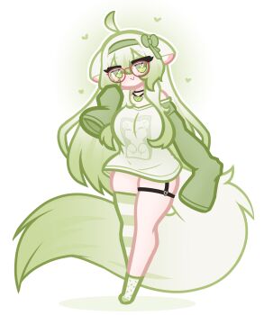 1girl ahoge animal_ears bow breasts ferret_ears ferret_girl ferret_tail food fruit glasses gradient_hair green_bow green_eyes green_hair green_hairband green_shirt hair_between_eyes hairband highres indie_virtual_youtuber jewelry large_breasts lime_(fruit) lime_slice limealicious limealicious_(cozy) limebreaker limon_(limealicious) looking_at_viewer multicolored_hair necklace paw_print shirt single_off_shoulder single_thighhigh sleeves_past_fingers sleeves_past_wrists socks standing striped_clothes striped_thighhighs tail thick_thighs thigh_strap thighhighs thighs two-tone_shirt two-tone_tail vinesauce virtual_youtuber white_hair white_shirt white_socks