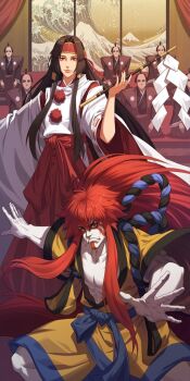 Rule 34 | 1990s (style), 1girl, bizuki, black hair, detached sleeves, female focus, gohei, hakama, hakama skirt, headband, highres, japanese clothes, long hair, miko, rashoujin mizuki, red hakama, retro artstyle, samurai spirits, senryo kyoshiro, shide, skirt, snk, solo, wide sleeves