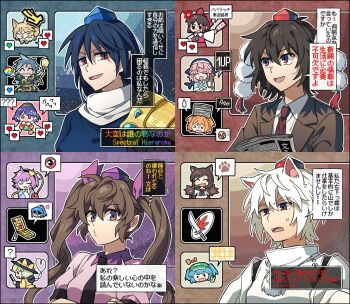 4girls ? animal_ears black_necktie blue_hair brown_eyes brown_hair commentary_request fang green_hair hakurei_reimu hat himekaidou_hatate himemushi_momoyo iizunamaru_megumu imaizumi_kagerou inubashiri_momiji kawashiro_nitori komeiji_koishi komeiji_satori kudamaki_tsukasa long_hair looking_at_viewer miyadeguchi_mizuchi motoori_kosuzu multiple_girls necktie okunoda_miyoi pink_hair pointy_ears purple_hat purple_shirt re_ghotion red_eyes red_hat red_necktie shameimaru_aya shield shirt speech_bubble sword tenkyuu_chimata tokin_hat touhou translation_request twintails weapon white_hair white_shirt wolf_ears wolf_girl