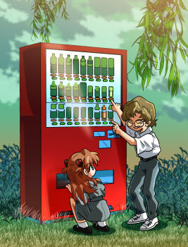 1boy 1girl aida_kensuke brown_hair closed_eyes day dress evangelion:_3.0+1.0_thrice_upon_a_time glasses grass grin hair_ornament hairclip highres long_hair looking_at_another machine neon_genesis_evangelion rebuild_of_evangelion school_uniform smile souryuu_asuka_langley squatting standing tree