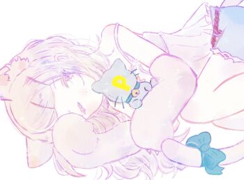 1girl animal_collar animal_ear_fluff animal_ears animal_hands aoshirota bell belt black_belt blonde_hair blue_shorts bow camisole cat_ears cat_girl collar commentary_request denim denim_shorts feet_out_of_frame gakuen_idolmaster gloves green_bow hair_ornament hairclip holding holding_stuffed_toy idolmaster long_hair looking_at_viewer lying neck_bell on_side one_eye_closed p-head_producer parallel_hairclips paw_gloves producer_(idolmaster) rope_belt shinosawa_hiro shorts simple_background sleepy strap_slip stuffed_animal stuffed_cat stuffed_toy tail tail_bow tail_ornament white_background white_camisole