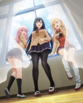 3girls :d arm_support black_hair black_scrunchie black_socks blonde_hair breasts brown_cardigan cardigan cat_earrings cloud curtains earrings fang floating_curtains full_body hair_ornament hair_rings hair_scrunchie hairband hand_on_own_stomach highres hood hoodie inu_ni_nattara_suki_na_hito_ni_hirowareta inukai_karen jewelry key_visual kneehighs kneepits large_breasts legs long_hair looking_at_viewer looking_back loose_socks mole mole_under_eye morita_kazuaki multiple_girls nekotani_mike official_art ojou-sama_pose one_side_up open_cardigan open_clothes open_mouth pantyhose pink_eyes pink_hair pleated_skirt promotional_art red_eyes red_hoodie school_uniform scrunchie serafuku shoes sitting skin_fang skirt sky smile socks standing teeth tsukishiro_usagi two_side_up upper_teeth_only uwabaki very_long_hair wavy_hair white_hairband white_socks window yellow_eyes zipper