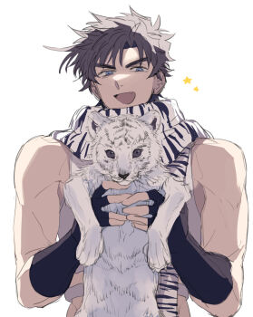 Rule 34 | 1boy, animal, animal focus, battle tendency, blue eyes, brown hair, fingerless gloves, gloves, highres, jojo no kimyou na bouken, joseph joestar, leopard, looking at viewer, midriff, musou (asatomjj), open mouth, scarf, smile, snow leopard, solo, striped clothes, striped scarf