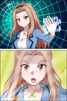 1girl blue_vest breasts brown_eyes cleavage digimon digimon_adventure_tri. digimon_frontier henshin jewelry long_hair necklace shirt solo spirit_evolution tachikawa_mimi transformation vest white_shirt withlike