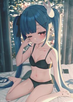 1girl absurdres artist_name barefoot black_bra black_nails black_panties black_ribbon blue_hair bra breasts closed_mouth collarbone commentary_request condom condom_wrapper ear_piercing earrings hair_ornament hair_ribbon hairclip hand_up hickey highres indoors jewelry kanae_(tsukiman) long_hair looking_at_viewer nail_polish navel one_eye_closed original panties piercing rabbit_hair_ornament red_eyes ribbon rubbing_eyes signature sitting small_breasts solo toes tsukiman twintails twitter_username underwear underwear_only very_long_hair wariza window