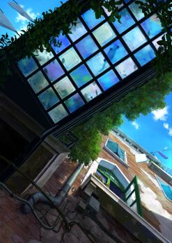 animal blue_sky building cable cat clothesline cloud commentary_request day drainpipe flower from_below glass highres laundry no_humans open_window original outdoors pei_(sumurai) plant red_flower rust scenery sky vines window