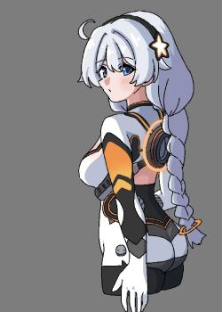 Rule 34 | 1girl, ass, backless bodysuit, black hairband, blue eyes, blush, bodysuit, braid, commentary request, cowboy shot, cropped legs, from behind, grey background, grey hair, hair between eyes, hairband, highres, honkai (series), honkai impact 3rd, kiana kaslana, kiana kaslana (white comet), long hair, looking to the side, low twintails, mokkyo (motkyo), simple background, solo, star (symbol), twin braids, twintails, very long hair, white bodysuit