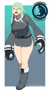 1girl accio breasts gluttony_(deadly_sins) green_eyes green_hair highgain_(accho) highres large_breasts long_hair pixiv_fantasia pixiv_fantasia_t seven_deadly_sins sharp_teeth simple_background slit_pupils teeth