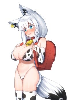1girl animal_ear_fluff animal_ear_piercing animal_ears animal_print aqua_eyes backpack bag bell bikini blush braid breasts bridal_gauntlets cleavage collar cow_print cow_print_bikini cow_print_bridal_gauntlets cow_print_thighhighs cowbell dated_commentary ear_tag fang fox_ears fox_girl fox_tail hair_between_eyes highleg highleg_bikini highres hololive huge_breasts llxr18 long_hair low_ponytail neck_bell open_mouth pentagram ponytail print_bikini print_bridal_gauntlets print_thighhighs randoseru red_bag red_collar shirakami_fubuki side_braid simple_background single_braid skin_fang solo string_bikini swimsuit tail thighhighs very_long_hair virtual_youtuber white_background white_bikini white_hair white_thighhighs