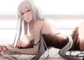 1girl albino bare_shoulders bed_sheet blush breasts cleavage condom from_side kimura_shiki large_breasts long_hair looking_at_viewer lying nightgown nipples on_stomach pale_skin red_eyes selvaria_bles senjou_no_valkyria senjou_no_valkyria_(series) senjou_no_valkyria_1 sweat used_condom very_long_hair white_hair
