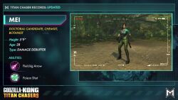 1girl 3d aiming aiming_at_viewer ammunition animated arrow_(projectile) asian audible_music black_hair bow_(weapon) breasts bush character_name character_profile cliff collar cross_promotion crossover day dirt english_text fern firing godzilla_(series) godzilla_x_kong:_the_new_empire godzilla_x_kong:_titan_chasers grass highres hunted_cow_studios king_kong_(series) large_breasts legendary_pictures looking_at_viewer mei_(godzilla_x_kong:_titan_chasers) monsterverse nature official_art outdoors plant ponytail promotional_art quiver recording sound tie-in tilting_point_llc video video_game weapon