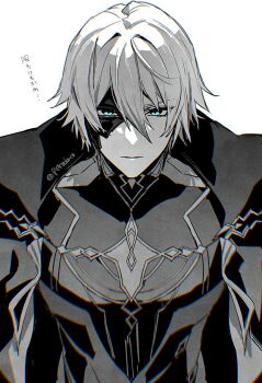1boy :| blue_eyes cape closed_mouth clothing_cutout commentary_request dainsleif_(genshin_impact) genshin_impact grey_background greyscale hair_between_eyes half_mask looking_at_viewer mask monochrome perodorio shirt short_hair simple_background spot_color straight-on translation_request twitter_username upper_body