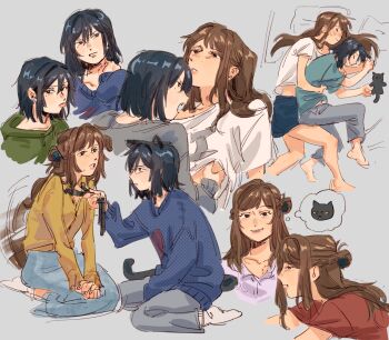 2girls animal_ears barefoot bite_mark bite_mark_on_neck black_hair blue_shirt blue_skirt blue_sweater braid brown_hair brown_shirt cat_ears cat_girl cat_tail closed_mouth clothes_lift commentary cuddling dog_ears dog_girl dog_tail english_commentary fang green_hoodie grey_background grey_pants grey_shirt half_up_braid hickey highres hood hoodie kemonomimi_mode long_hair miyagi_shiori mole mole_under_eye multiple_girls open_mouth pants purple_shirt red_shirt sendai_hazuki shirt shirt_lift short_hair shuuniichido_classmate_wo_kau_hanashi simple_background skirt sleeping smile speech_bubble stuffed_animal stuffed_cat stuffed_toy sweater tail tail_wagging thought_bubble tongue tongue_out white_shirt xian_(nykopoi) yuri