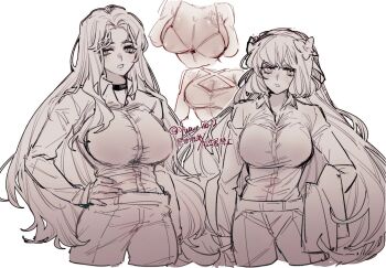 09wave_hb 2girls bikini bow breasts choker cleavage cowboy_shot greyscale hair_bow hairband ishmael_(project_moon) limbus_company long_hair looking_to_the_side mole mole_under_eye monochrome multiple_girls pants parted_bangs parted_lips project_moon rodion_(project_moon) rope shirt sidelocks swimsuit tight_clothes tight_shirt towel very_long_hair