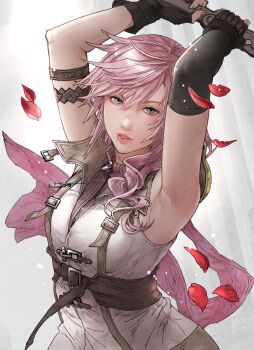 1girl armpits arms_up asymmetrical_gloves belt black_gloves breasts brown_belt elbow_gloves eyelashes falling_petals final_fantasy final_fantasy_xiii fingerless_gloves gloves grey_background grey_eyes hair_between_eyes hair_over_shoulder holding holding_sword holding_weapon jacket lightning_farron lips long_hair looking_at_viewer official_art parted_lips petals pink_hair pink_shirt shirt simple_background sleeveless small_breasts solo sword upper_body weapon white_jacket yamashita_miki