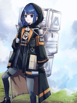 Rule 34 | 1girl, black coat, black pantyhose, black shirt, black shoes, black skirt, blue eyes, blue hair, character doll, coat, commentary request, commission, death stranding, doll, fishnet top, fishnets, half updo, high-waist skirt, highres, hood, hood up, i my mayday, kachimachi kosuzu, kanduki kamibukuro, link! like! love live!, long hair, long sleeves, love live!, murano sayaka, odradek, official alternate costume, pantyhose, parted lips, shirt, shoes, sidelocks, skeb commission, skirt, solo, thigh strap, transparent bag, virtual youtuber, walking