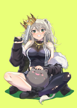 1girl ahoge alternate_eye_color animal_ear_piercing animal_ears bare_shoulders black_boots black_jacket black_pantyhose black_shirt boots breasts commentary_request creature_on_lap crop_top crown desert_eagle double-parted_bangs full_body fur-trimmed_jacket fur_trim gold_necklace green_background green_eyes grey_hair grey_skirt grin gun hair_between_eyes handgun high_heel_boots high_heels highres holding holding_gun holding_weapon hololive indian_style jacket jacket_partially_removed jewelry large_breasts lion_ears lion_girl lion_tail long_hair long_sidelocks long_sleeves looking_at_viewer messy_hair minatasiro miniskirt necklace off_shoulder pantyhose screentones see-through_cleavage see-through_clothes shadow shiny_skin shirt shishiro_botan shishiro_botan_(1st_costume) sidelocks simple_background single_leg_pantyhose sitting skirt sleeveless sleeveless_shirt smile solo ssrb_(shishiro_botan) tail tight_clothes tilted_headwear torn_clothes torn_pantyhose trigger_discipline two_side_up v-shaped_eyebrows virtual_youtuber weapon zipper_footwear
