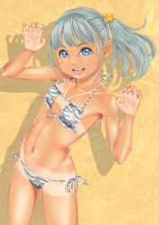 Rule 34 | 1girl, animal print, bikini, blue eyes, claw pose, commentary request, flat chest, grey bikini, grey hair, hair bobbles, hair ornament, highres, looking at viewer, medium hair, navel, open mouth, original, print bikini, side-tie bikini bottom, side ponytail, smile, solo, swimsuit, tan, tanline, tiger print, uzuki mei