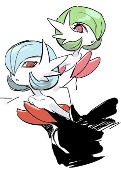 2girls alternate_color bare_shoulders black_dress black_gloves blue_hair bob_cut collarbone colored_skin dress elbow_gloves female_focus flat_chest gardevoir gen_3_pokemon gloves green_hair hair_over_one_eye looking_at_viewer mega_gardevoir mega_pokemon multiple_girls nintendo one_eye_covered open_mouth pokemon pokemon_(creature) raine_(acke2445) red_eyes shiny_and_normal shiny_pokemon short_hair simple_background sketch strapless strapless_dress upper_body white_background white_dress white_skin