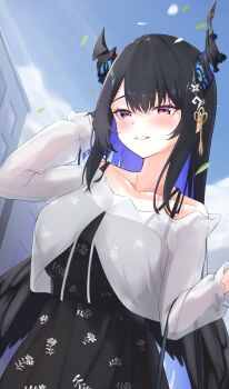 1girl absurdres alternate_costume asymmetrical_horns black_dress black_hair black_wings blue_hair blue_sky blush breasts collarbone colored_inner_hair commentary_request day dress feathered_wings floral_print floral_print_dress flower flower_knot fortissimo hair_ornament highres hololive hololive_english horn_flower horns ilie_ilie large_breasts long_hair low_wings multicolored_hair musical_note musical_note_hair_ornament nerissa_ravencroft off-shoulder_shirt off_shoulder outdoors print_dress purple_eyes see-through_clothes see-through_shirt shirt sidelocks sky slit_pupils solo straight_hair tassel tassel_hair_ornament uneven_horns very_long_hair virtual_youtuber white_shirt wings