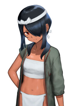 Rule 34 | 1girl, asymmetrical sleeves, black hair, breasts, chest sarashi, closed mouth, ecchuu fundoshi, fundoshi, hair over one eye, headband, highres, jacket, japanese clothes, kantai collection, kumano maru (kancolle), kumano maru kai (swimsuit) (kancolle), loincloth, looking at viewer, open clothes, open jacket, porupurucha, red eyes, sarashi, short hair, sidelocks, simple background, small breasts, solo, tan, white background, white headband