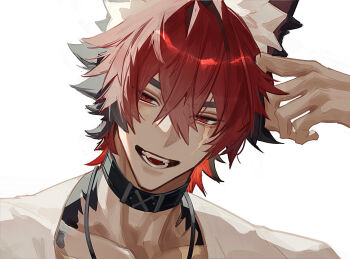 1boy animal_ear_fluff animal_ears bf2xuec6ow98466 black_hair collar collarbone crossed_bangs dog_boy hair_between_eyes hand_on_own_head jewelry komano_manato looking_at_viewer male_focus multicolored_hair multiple_scars necklace open_mouth portrait red_eyes red_hair scar scar_on_chest scar_on_face shirt short_hair simple_background solo white_background white_shirt zenless_zone_zero
