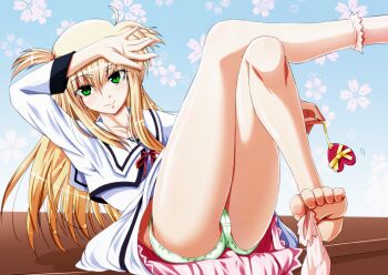 Rule 34 | 00s, 1girl, arisa bunnings, barefoot, blonde hair, feet, female focus, green eyes, highres, holding with feet, long hair, lyrical nanoha, mahou shoujo lyrical nanoha, panties, school uniform, single sock, socks, solo, tappa (esperanza), toes, underwear