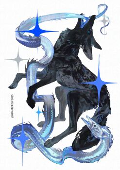 artist_name bad_link black_fur blue_eyes blue_tongue colored_tongue fangs fish highres nightcrow no_humans original sparkle white_background wolf