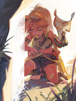 1girl animal_ears aqua_pants blood blood_on_face blue_eyes bruise bruise_on_face chinchilla_ears chinchilla_girl commentary crop_top crying fur-lined_gloves genshin_impact injury kachina_(genshin_impact) long_hair mittens pants ponytail takishima_asaka water