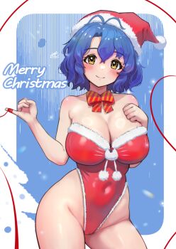 1girl alternate_costume antenna_hair bare_shoulders blue_hair blush breasts c_(theta) cameltoe cleavage covered_navel fur-trimmed_leotard fur_trim groin hat highleg highleg_leotard highres idolmaster idolmaster_million_live! large_breasts leotard looking_at_viewer merry_christmas red_leotard santa_hat smile solo string string_of_fate toyokawa_fuka yellow_eyes