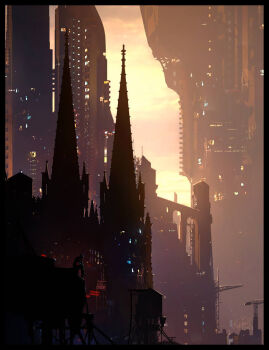 1boy architecture building city city_lights cityscape cloud cloudy_sky commentary crane_(machine) english_commentary from_side gothic_architecture highres original painterly raphael-lacoste scenery science_fiction shadowed signature sitting sky tower water_tower yellow_sky