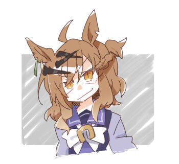 1girl ahoge animal_ears beer_hsk bow braid brown_eyes brown_hair closed_mouth cropped_torso horse_ears jungle_pocket_(umamusume) long_sleeves looking_at_viewer purple_shirt school_uniform shirt smile solo tracen_school_uniform umamusume upper_body white_bow