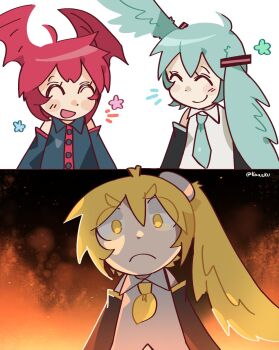 Rule 34 | 2boys, 3girls, ahoge, akita neru, angry, blonde hair, blush stickers, closed eyes, collared shirt, detached sleeves, fire, frown, hair ornament, hair wings, hatsune miku, highres, kasane teto, kasane teto (utau), koasku, long hair, long sleeves, multiple boys, multiple girls, necktie, open mouth, pink hair, shirt, side ponytail, sleeveless, sleeveless shirt, smile, thick eyebrows, twitter username, utau, v-shaped eyebrows, vocaloid, yellow eyes