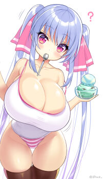 1girl ? bare_shoulders black_thighhighs blue_hair breasts camisole cleavage collarbone contrapposto cowboy_shot curvy food highleg highleg_panties highres huge_breasts ice_cream long_hair looking_at_viewer oppai_loli original panties purple_eyes riko_(shuz) shirt shuz_(dodidu) simple_background skindentation solo spoon strap_gap strap_slip striped_clothes striped_panties thigh_gap thighhighs twintails twitter_username underwear utensil_in_mouth very_long_hair white_shirt wide_hips