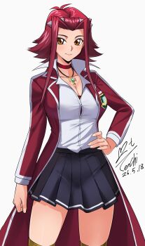 1girl black_skirt blush breasts brown_eyes choker cleavage commission duel_academy_uniform_(yu-gi-oh!_5d's) highres izayoi_aki jacket jewelry large_breasts looking_at_viewer mixed-language_commentary open_clothes open_jacket pendant pixiv_commission red_choker red_hair red_jacket school_uniform shirt short_hair_with_long_locks simple_background skirt smile solo thighhighs white_background white_shirt yoo_tenchi yu-gi-oh! yu-gi-oh!_5d's