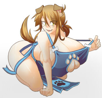1girl animal_ears apron blush breasts brown_hair cleavage cleavage_cutout clothing_cutout collarbone dog_ears dog_tail ego_trigger fang female_focus gigantic_breasts gradient_background graph_(graphiteknight) kneeling lass_(ego_trigger) long_hair naked_apron no_bra no_panties open_mouth original simple_background solo tail yellow_eyes